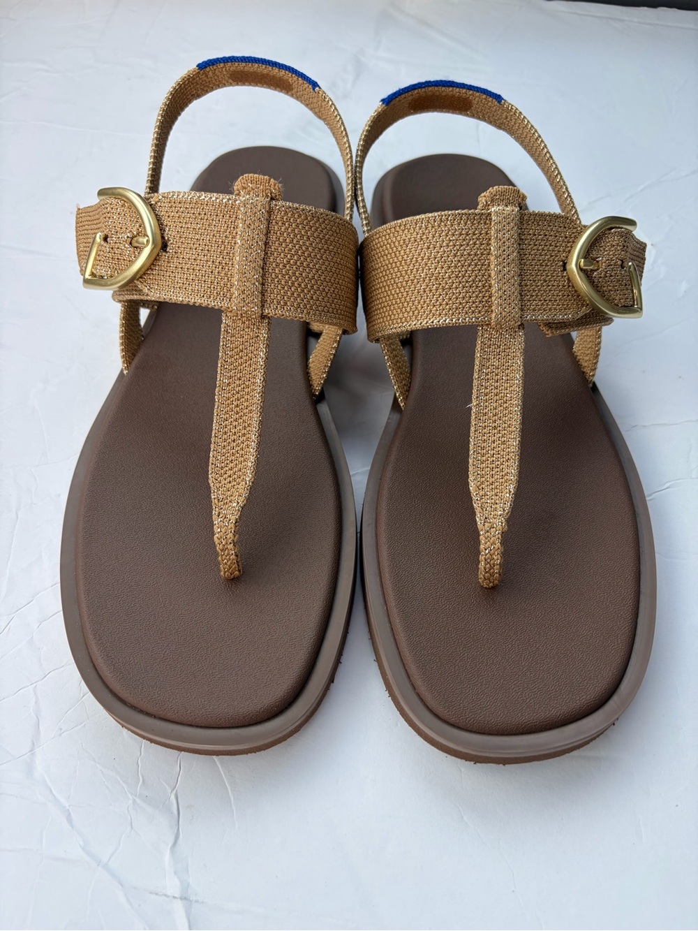Rothy's Brown and Tan T-Strap Sandals with Gold Buckle